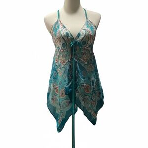 Y2k Blue and green paisley print pure silk fairy top size medium GRAIL